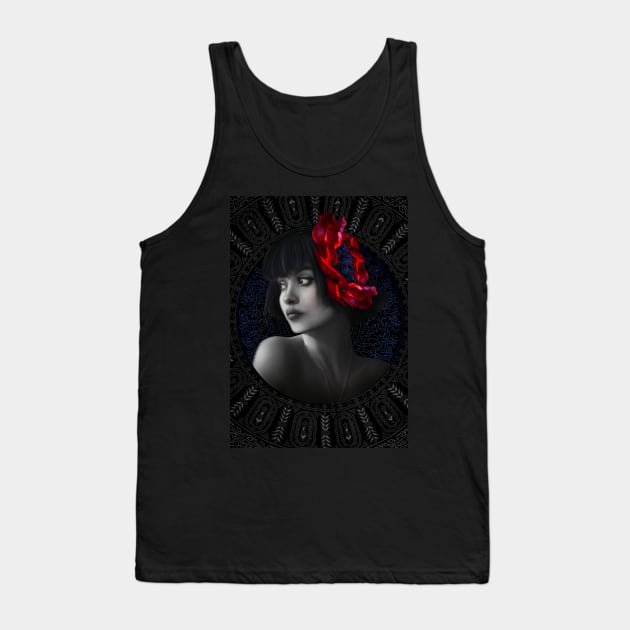 Black and white red flower girl portrait digital artwork Tank Top by Relaxing Art Shop